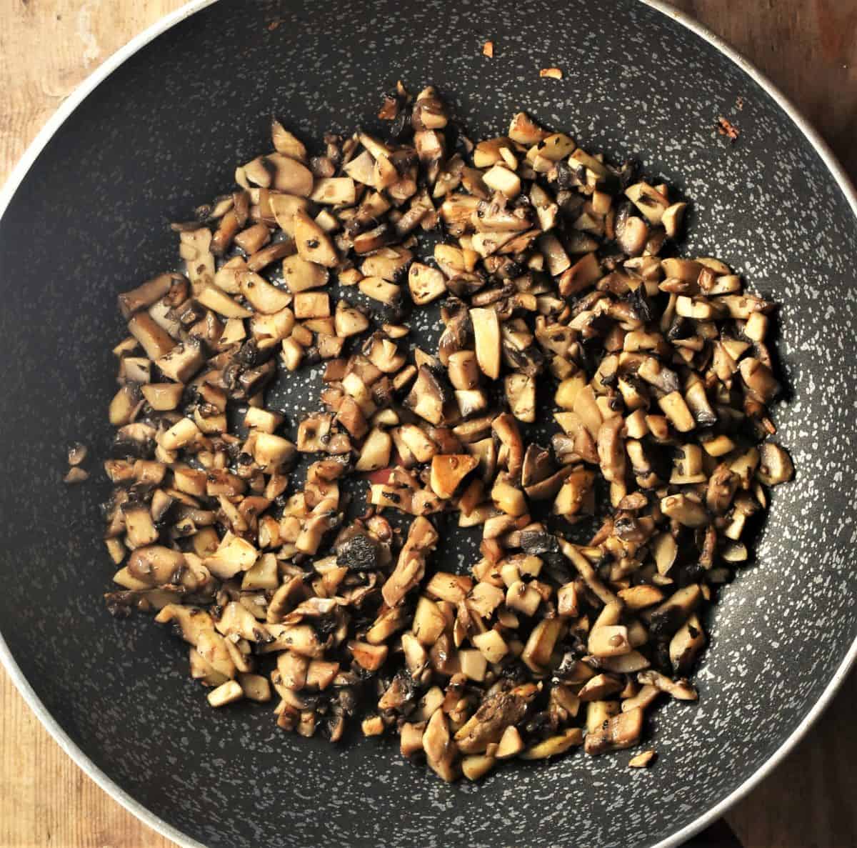 Finely chopped mushrooms in large deep pan.