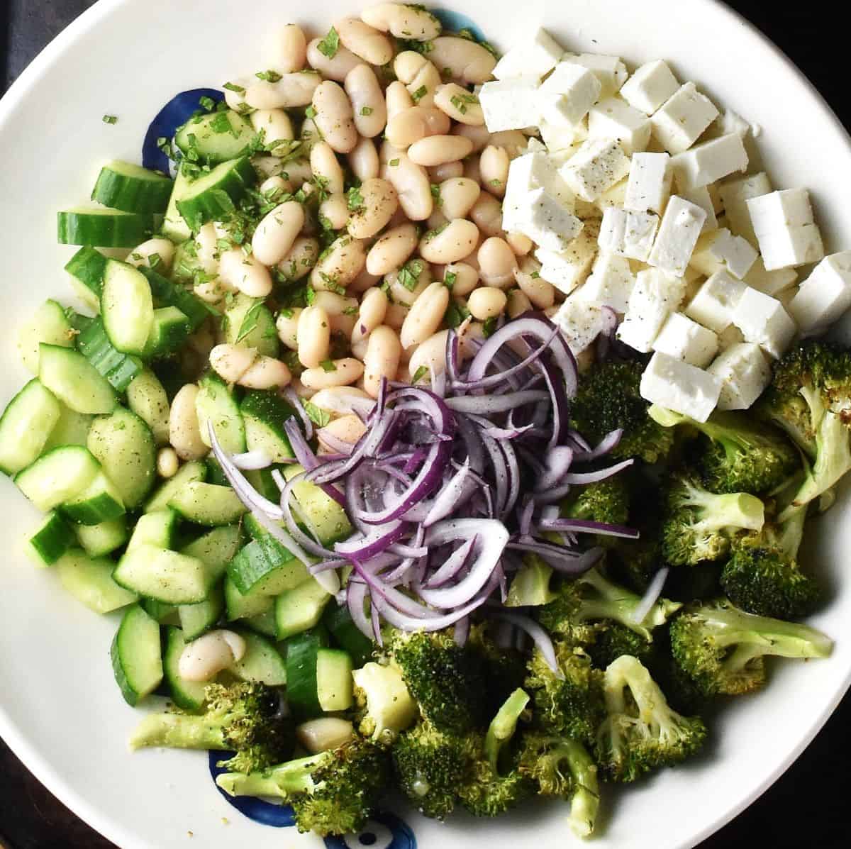 Ingredients for making bean and broccoli salad assembled in shallow large bowl.