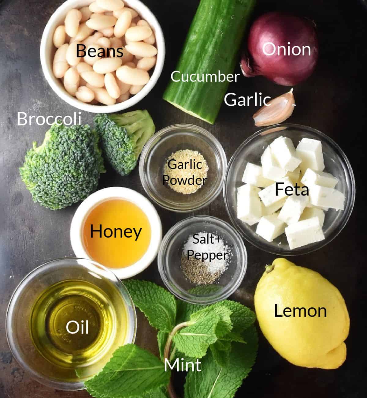 Top down view of broccoli and bean salad ingredients in individual dishes.