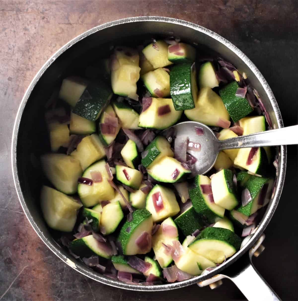 Chopped zucchini in pot with spoon.