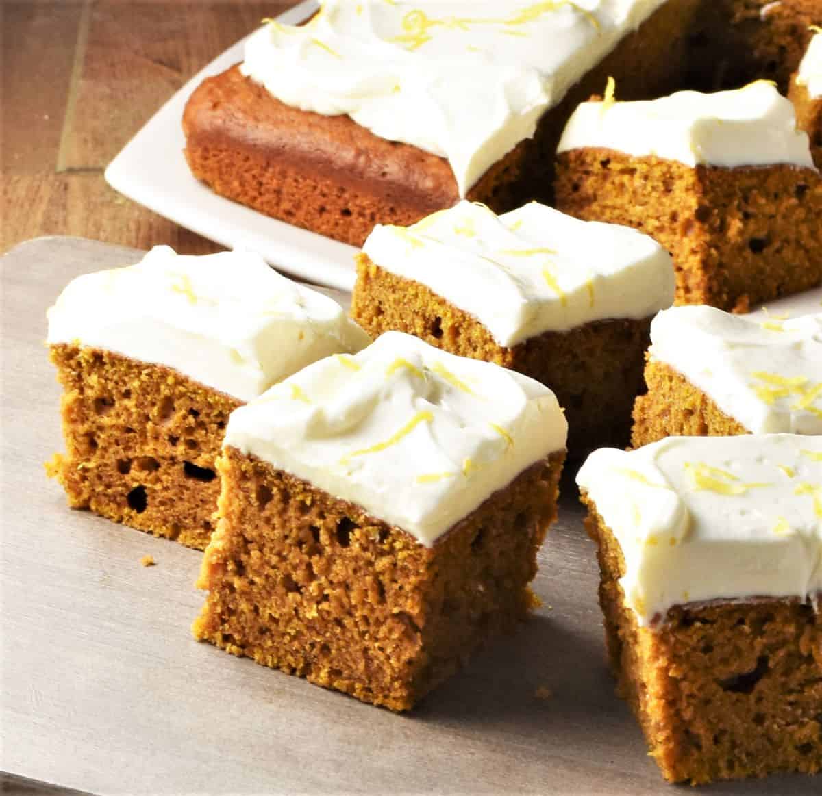 Side view of pumpkin cake slices.
