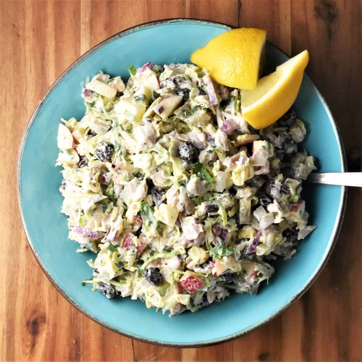 Top down view of turkey cranberry salad with lemon in blue bowl.