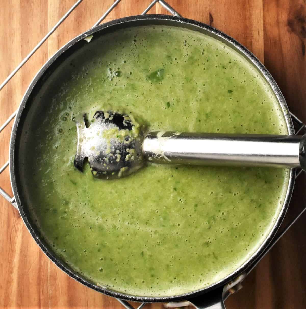 Pureeing brussel sprout soup in pot using hand blender.
