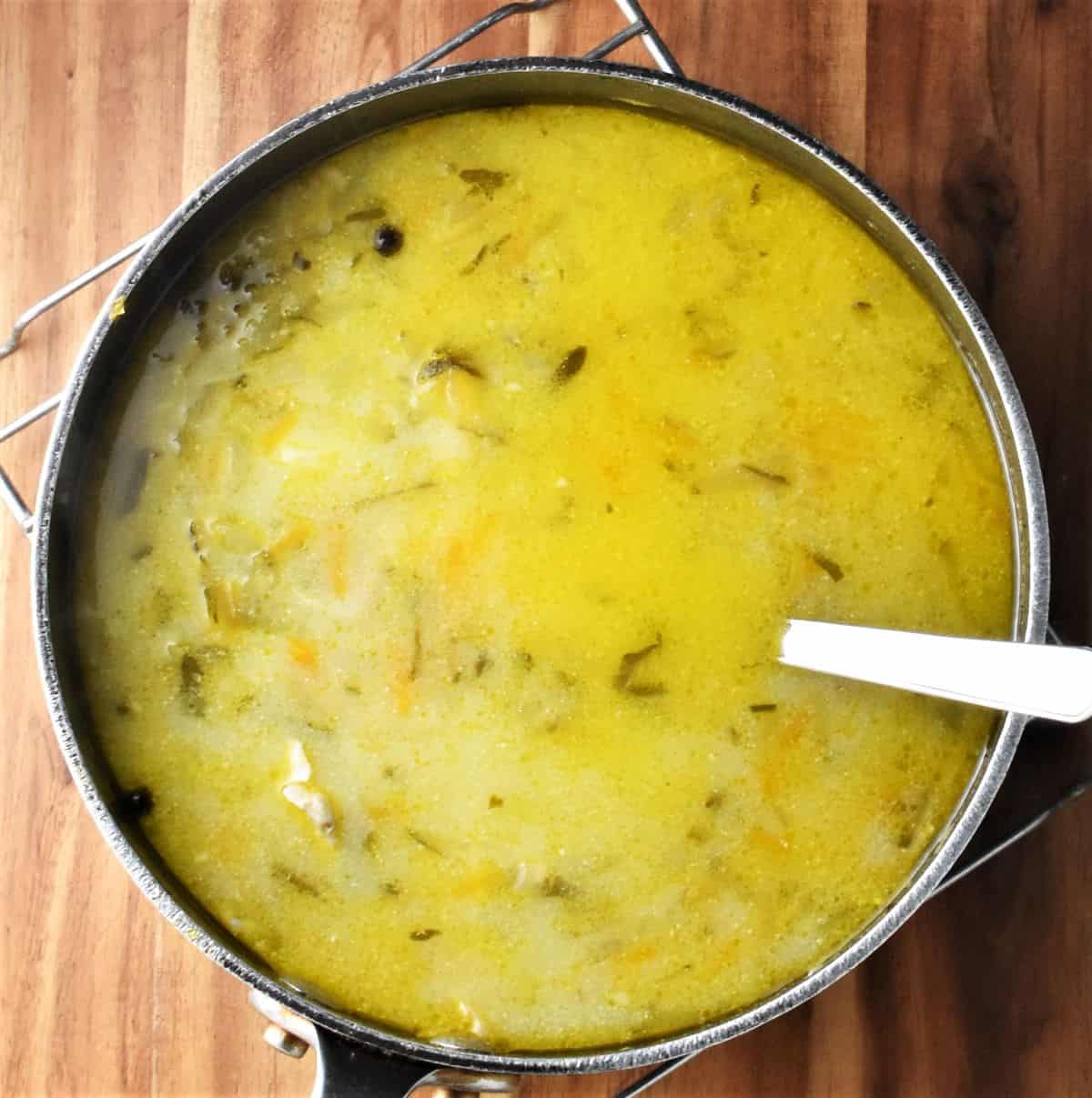 Polish pickled cucumber soup in large pot with spoon.