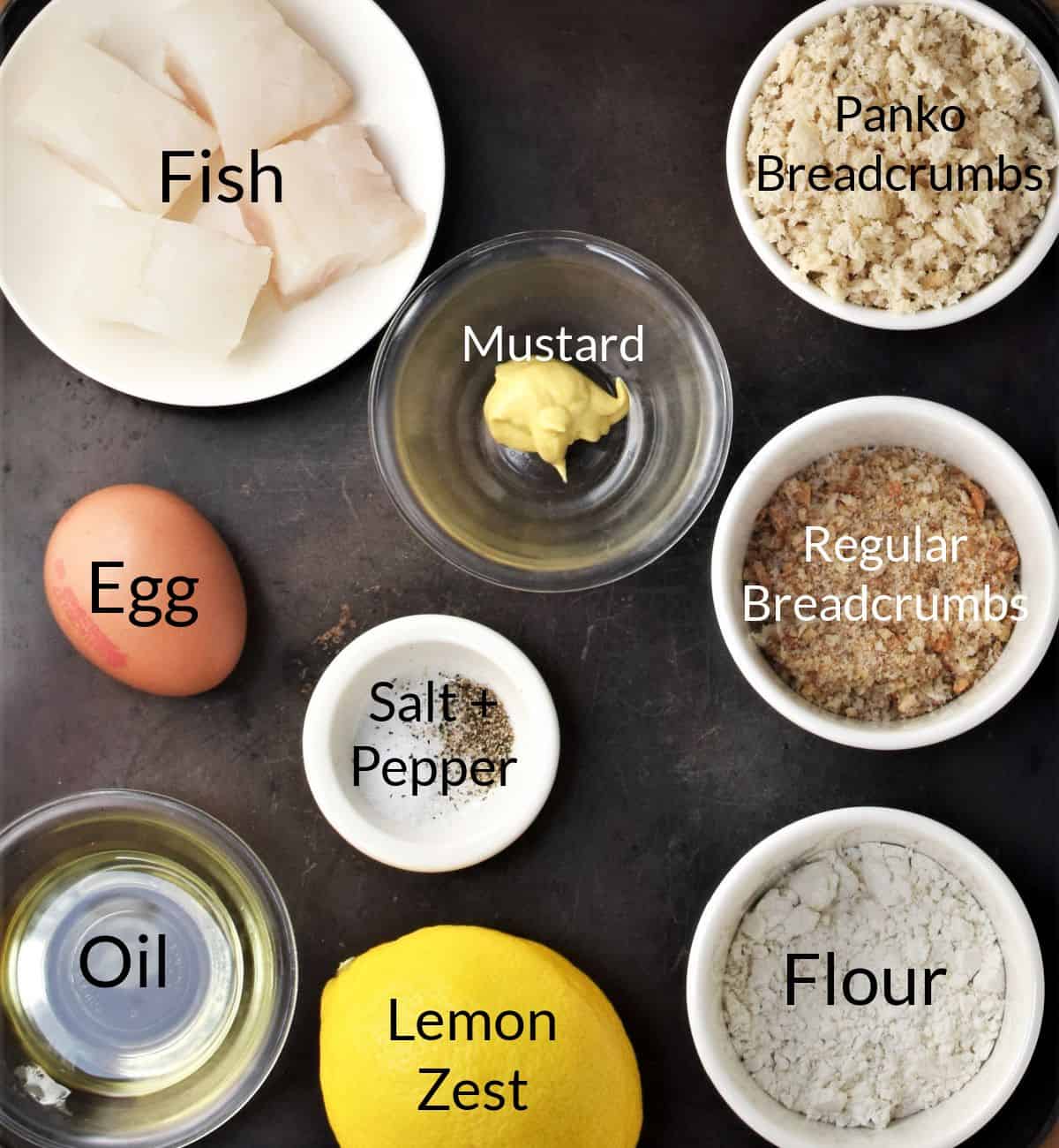 Ingredients for making fish nuggets in individual dishes.