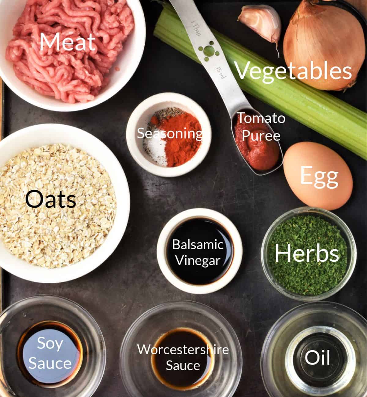 Ingredients for making meatloaf with oats in individual dishes.