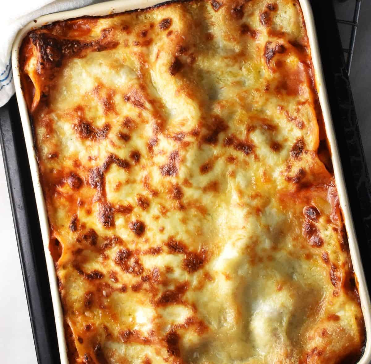 Top down view of baked turkey lasagna.