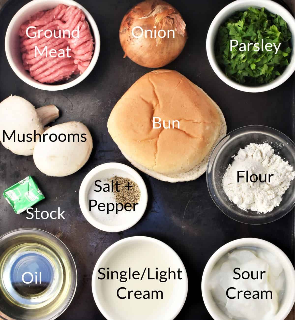 Ingredients for making meatballs in mushroom sauce in individual dishes.