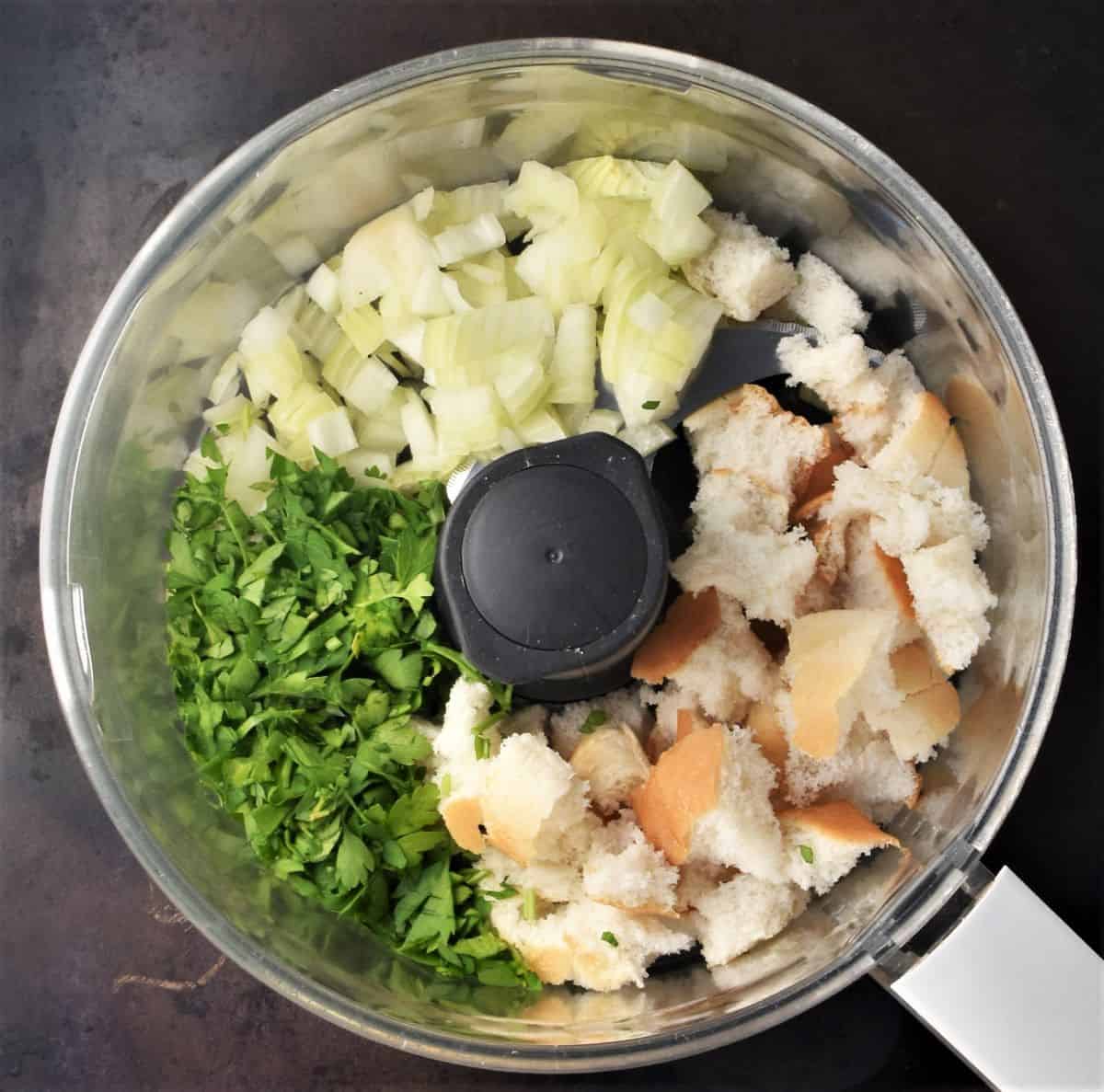 Chopped onion, parsley and chinks of bread in blender.