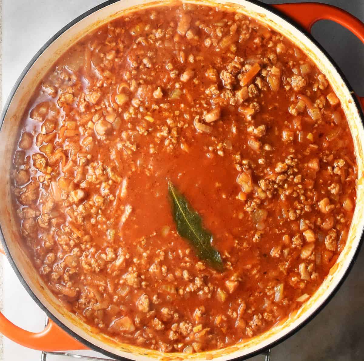 Turkey ragu for lasagna in large shallow pan.