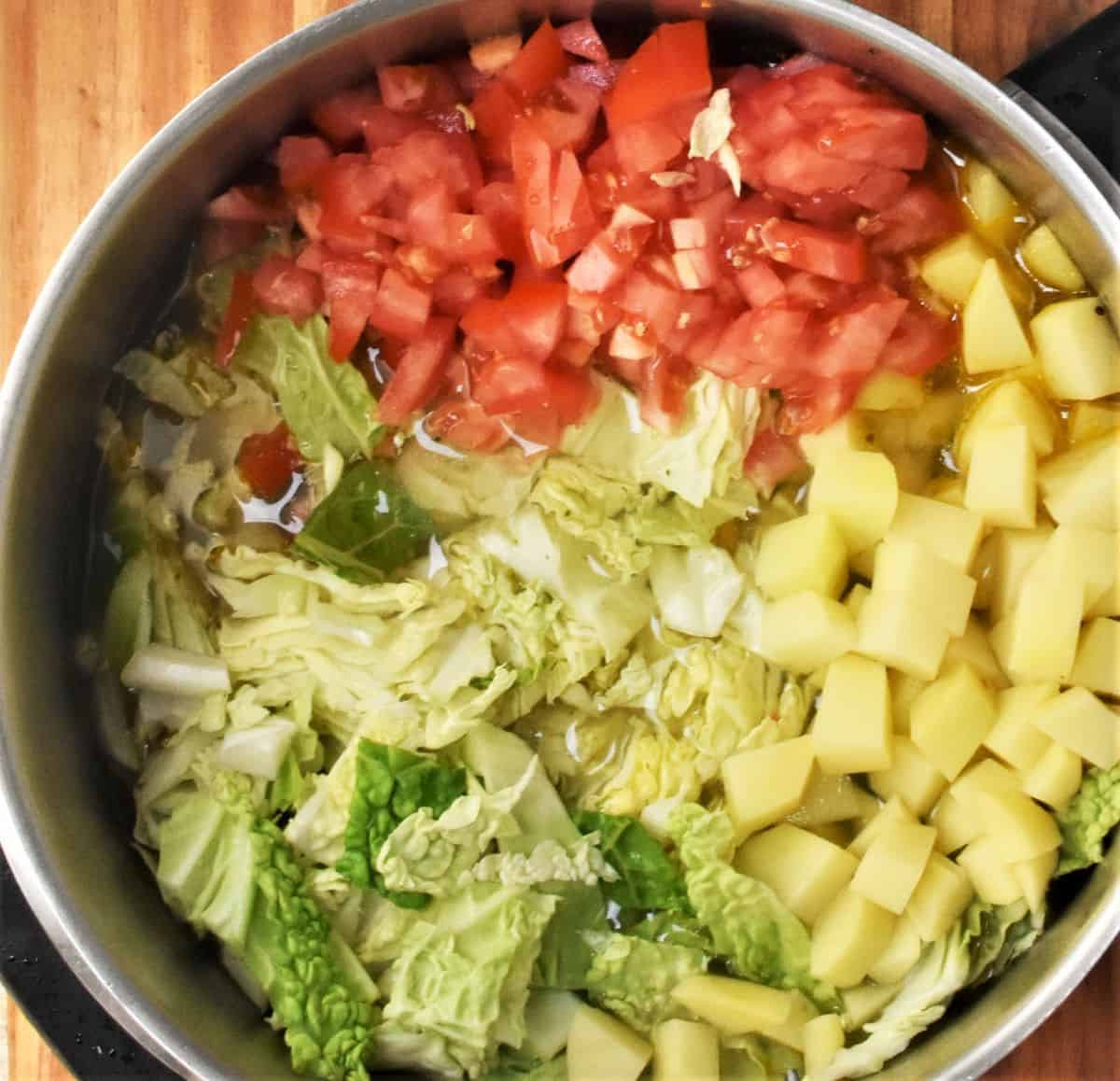 Dices tomato, potatoes and shredded cabbage in large pot.