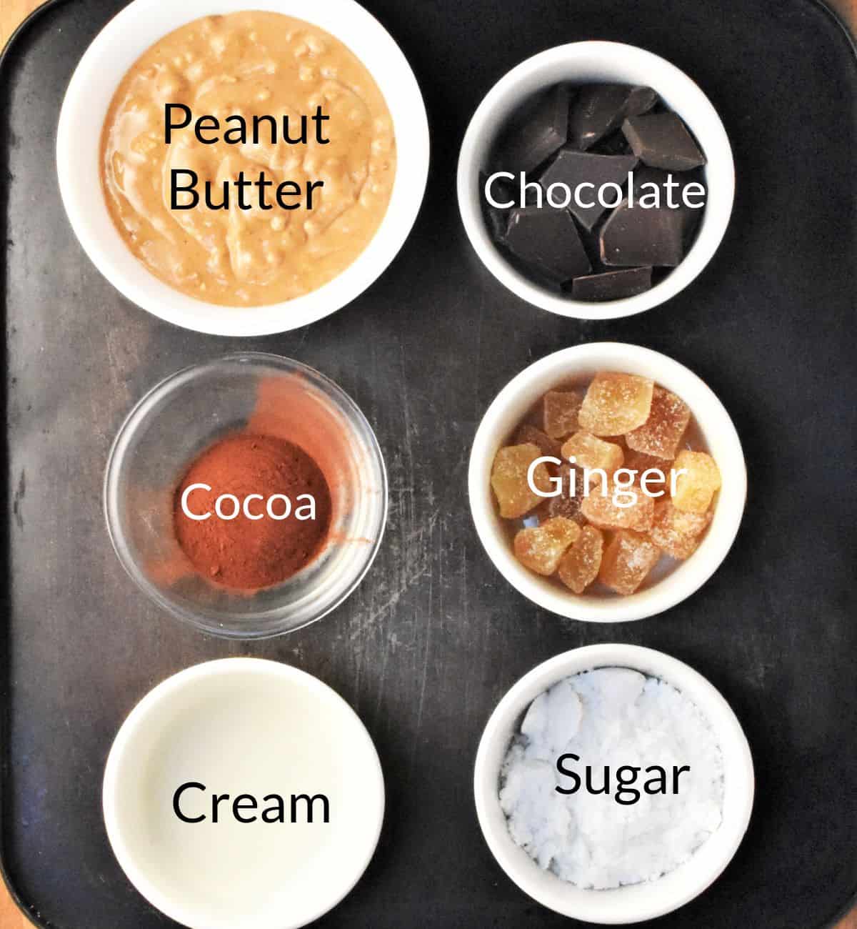 Ingredients for making chocolate peanut butter truffles in individual dishes.