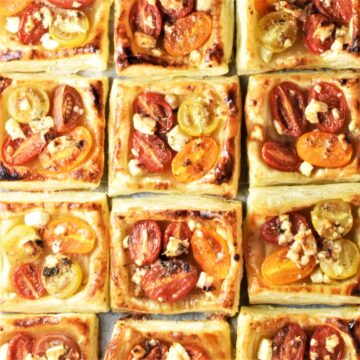 Top down view of tomato tartlets arranged close together.