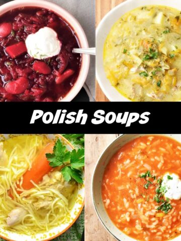 4 colourful Polish soups in bowls.