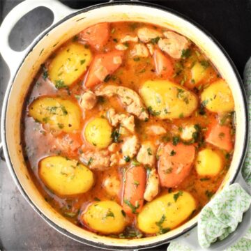 Top down view of chicken potato stew with carrots in white pot.