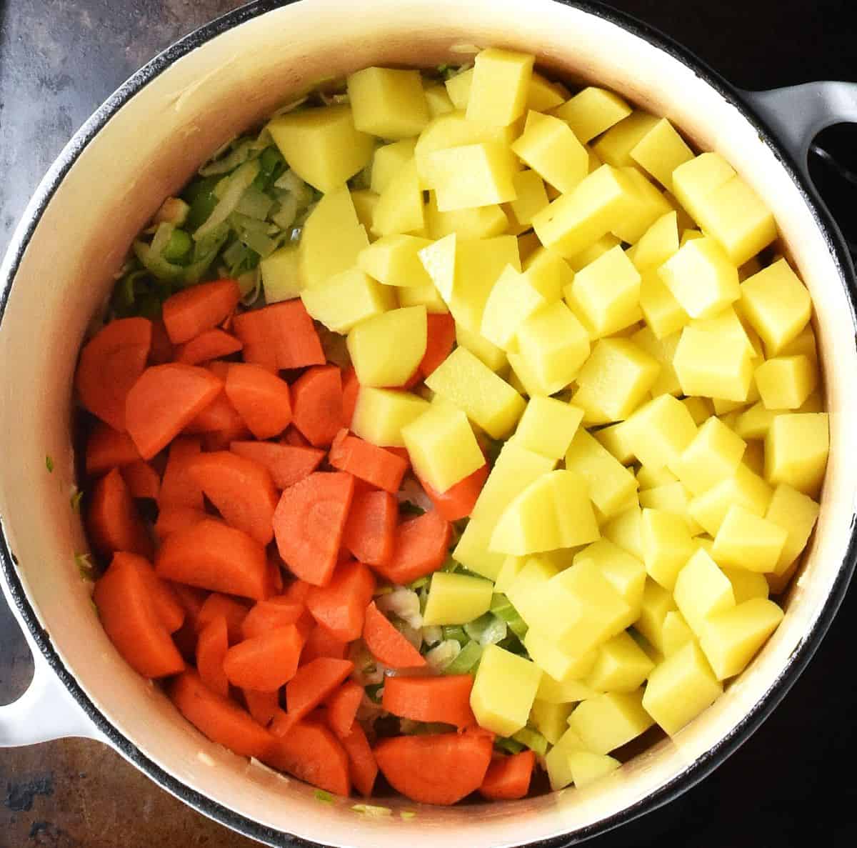 Cubed potatoes and carrot in large white pot.