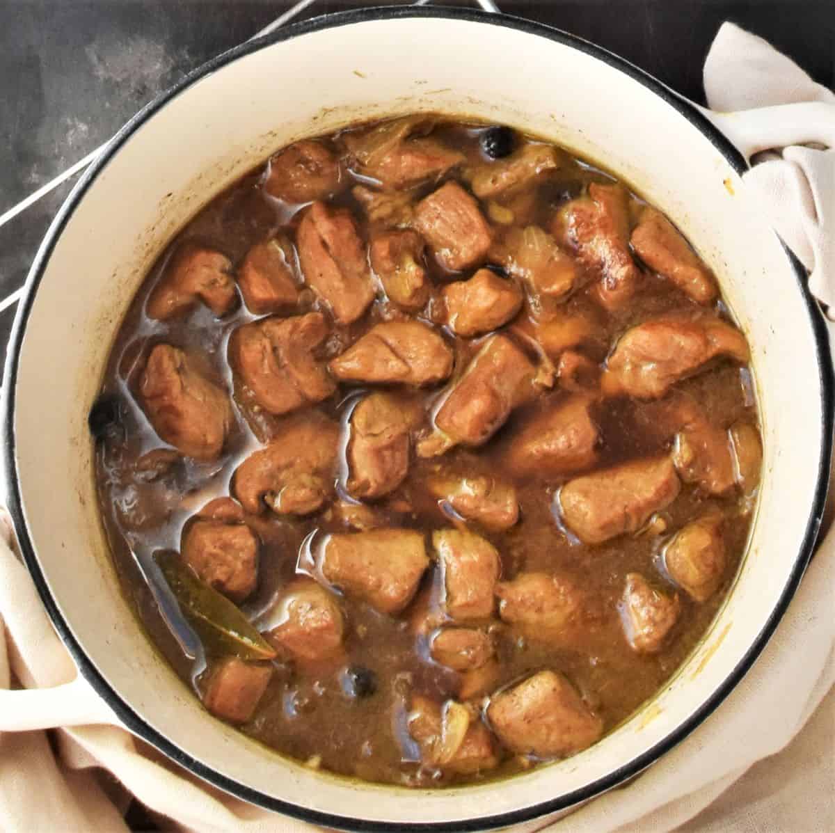 Polish pork stew in large white pot.