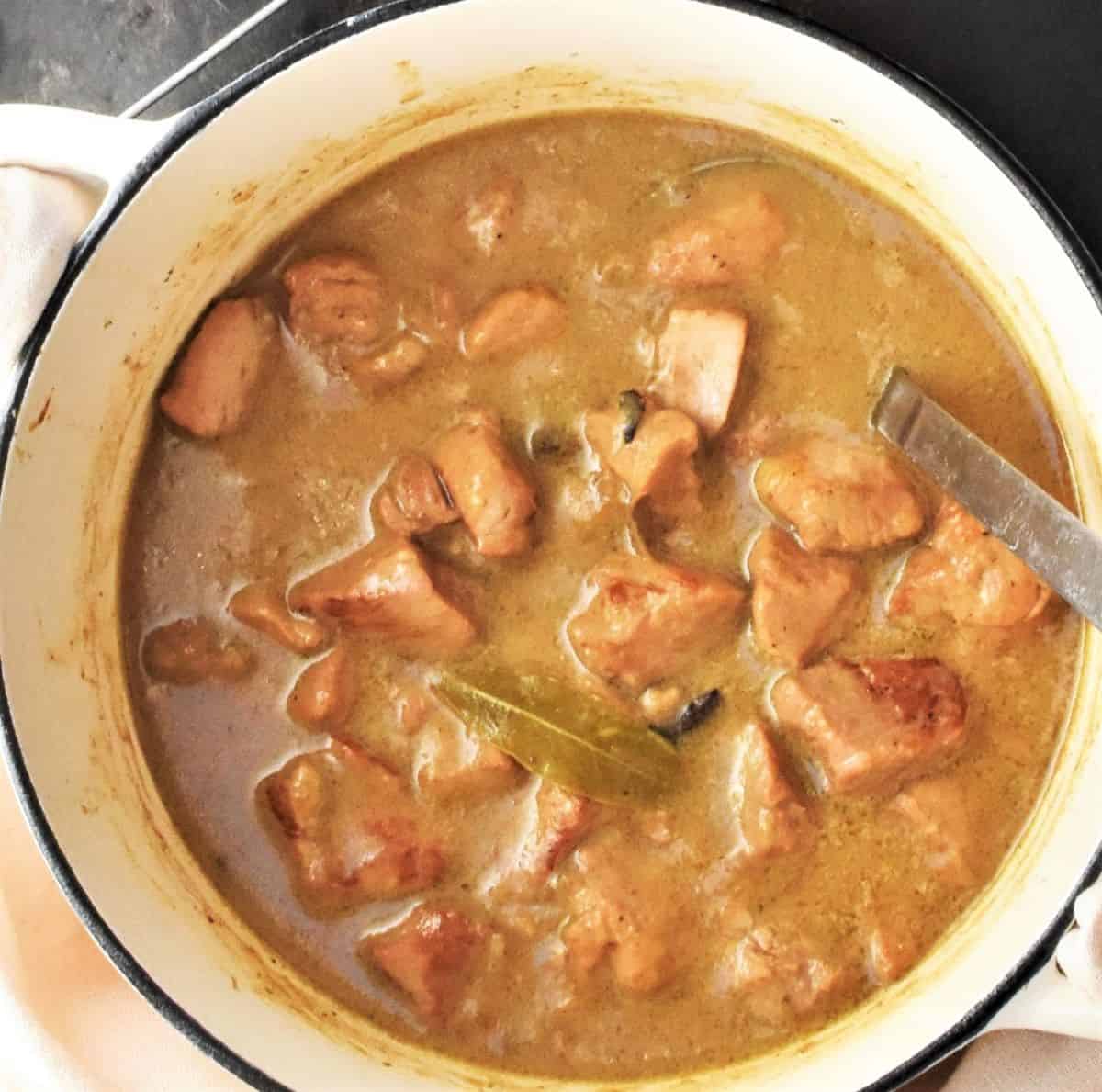 Top down view of thick pork goulash in large white pot. 