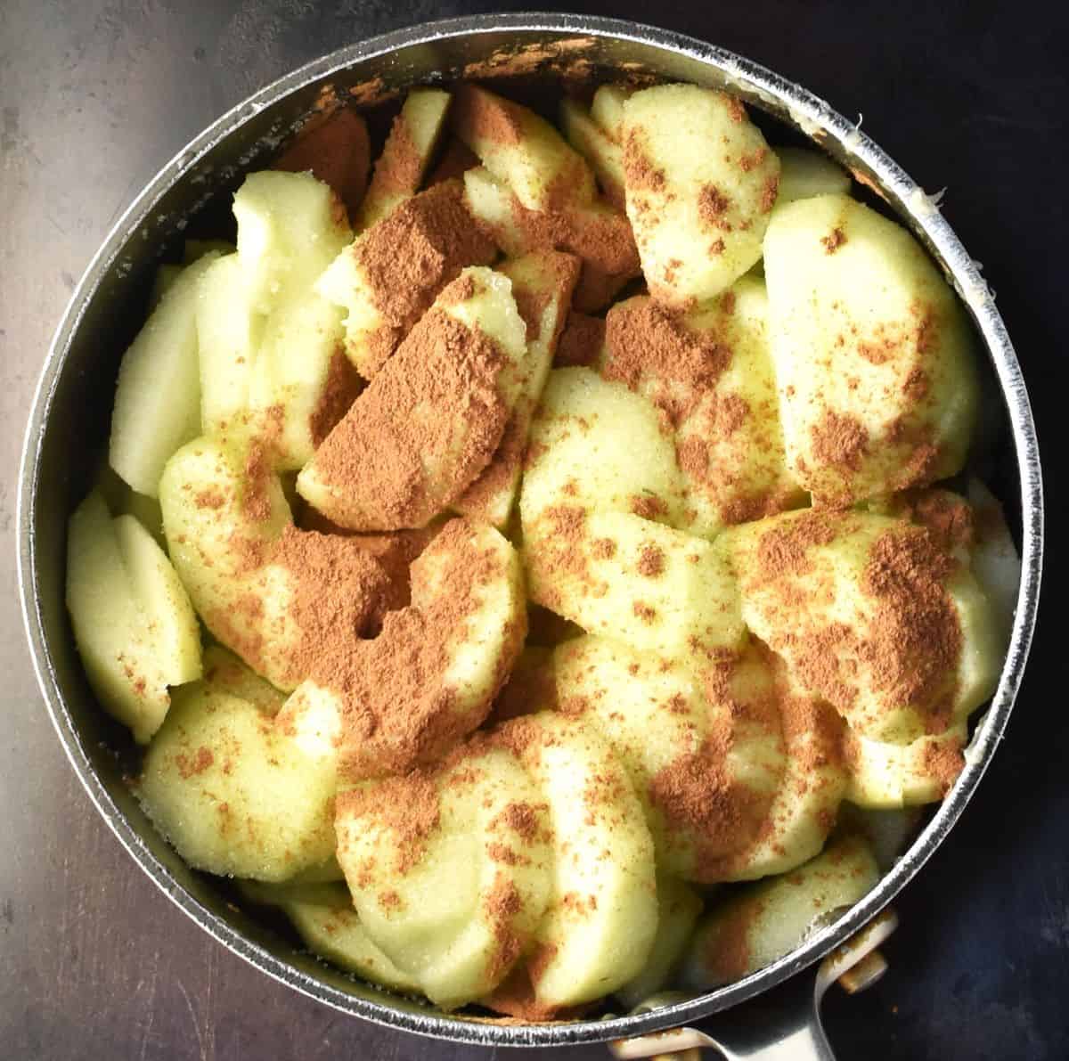 Apple slices with spice in pot.