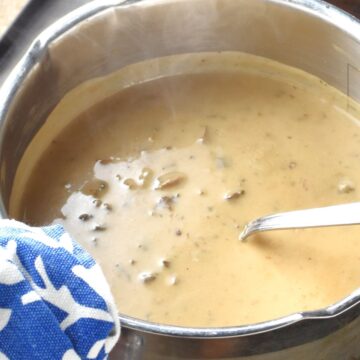 Close-up view of wild mushroom sauce in pot with spoon.