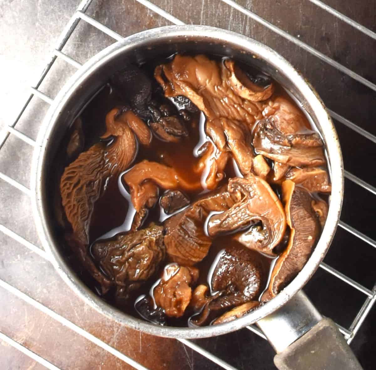 Dried mushrooms in pot with water.