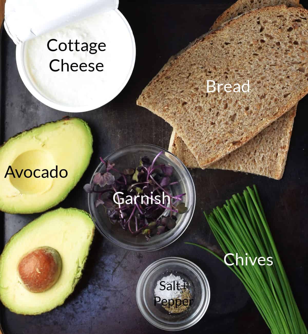 Ingredients for making cottage cheese and avocado toast in individual dishes.