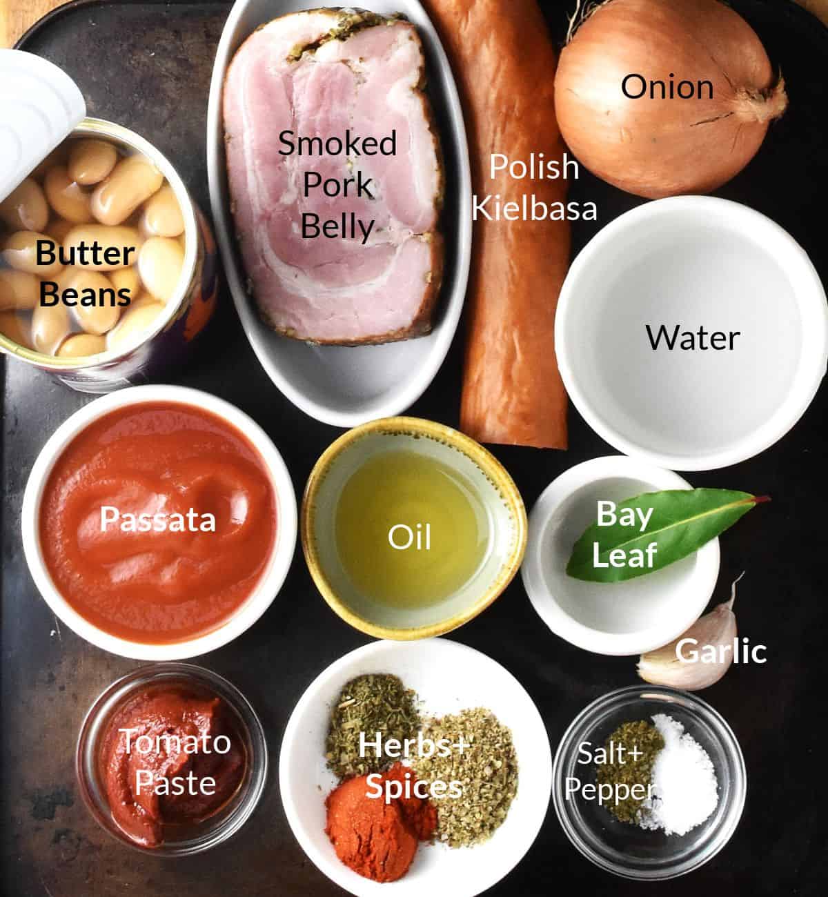 Butter bean stew ingredients in individual dishes.