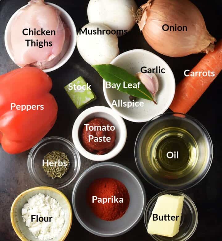 Ingredients for Polish chicken goulash in individual dishes.