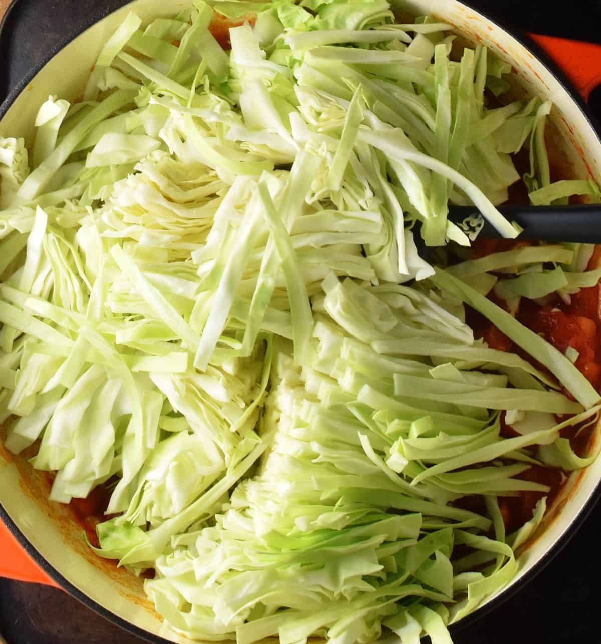 Sliced cabbage in large white pan with stewed tomatoes.