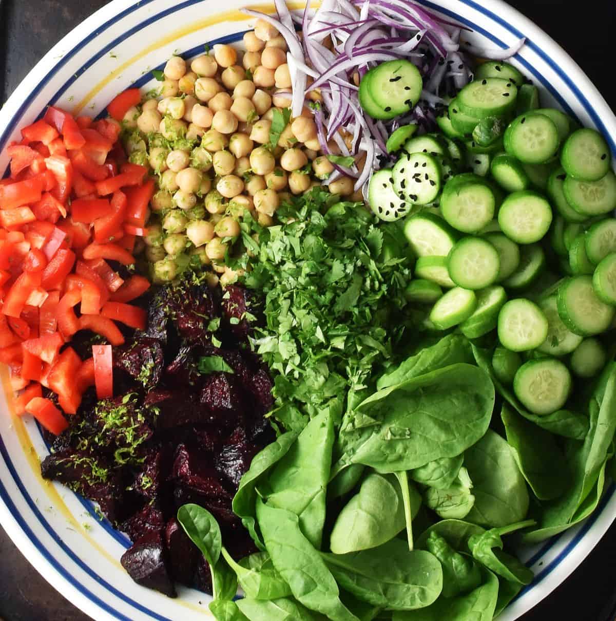 Chickpeas, beet pieces and chopped vegetables in large shallow bowl.