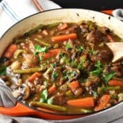 Side view of pork shoulder stew with vegetables and herbs in shallow pan with wooden spoon.